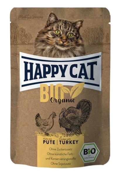 Happy Cat Pouchbeutel Bio Huhn mit Pute 12 x 85g getreidefreies Katzenfutter