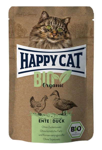 Happy Cat Pouchbeutel Bio Huhn mit Ente 12 x 85g getreidefreies Katzenfutter