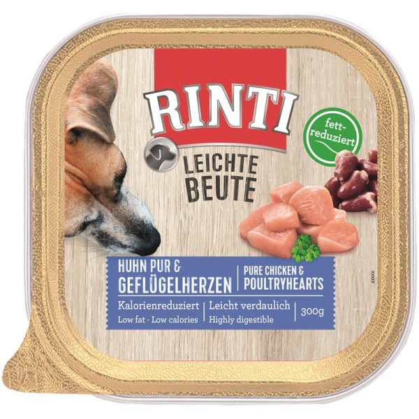 Rinti Schale Leichte Beute Huhn Pur & Geflügelherzen 9 x 300g Hundefutter
